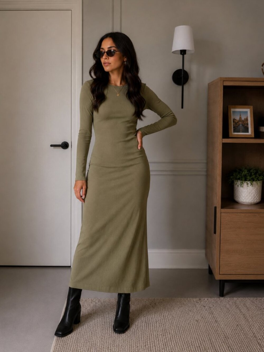 Showpo Hawkins Moss Ribbed Long Sleeve Maxi Dress NWT Size 16